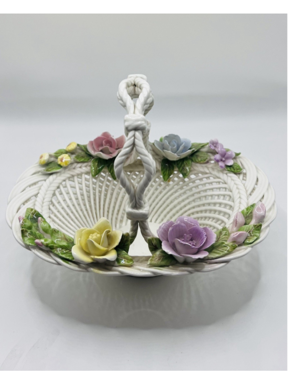 Vintage Spanish Woven Porcelain Basket White 3D Floral Pastel Made In Spain